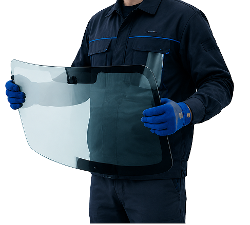 Auto glass technician holding a windshield